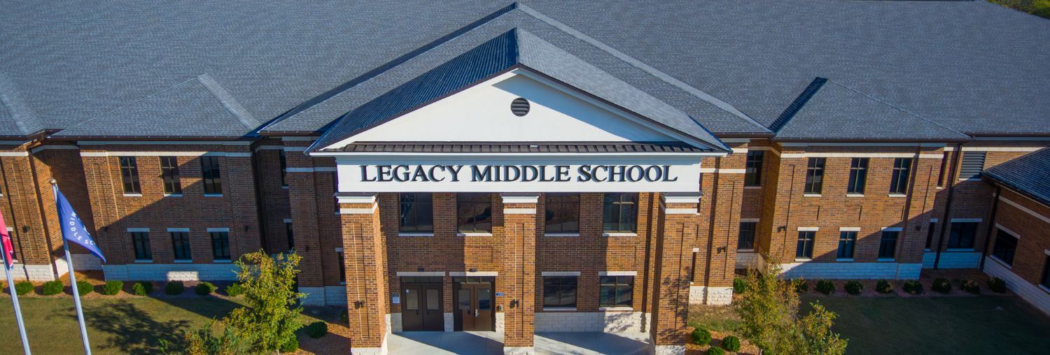 Drone entrance view of Legacy Middle School